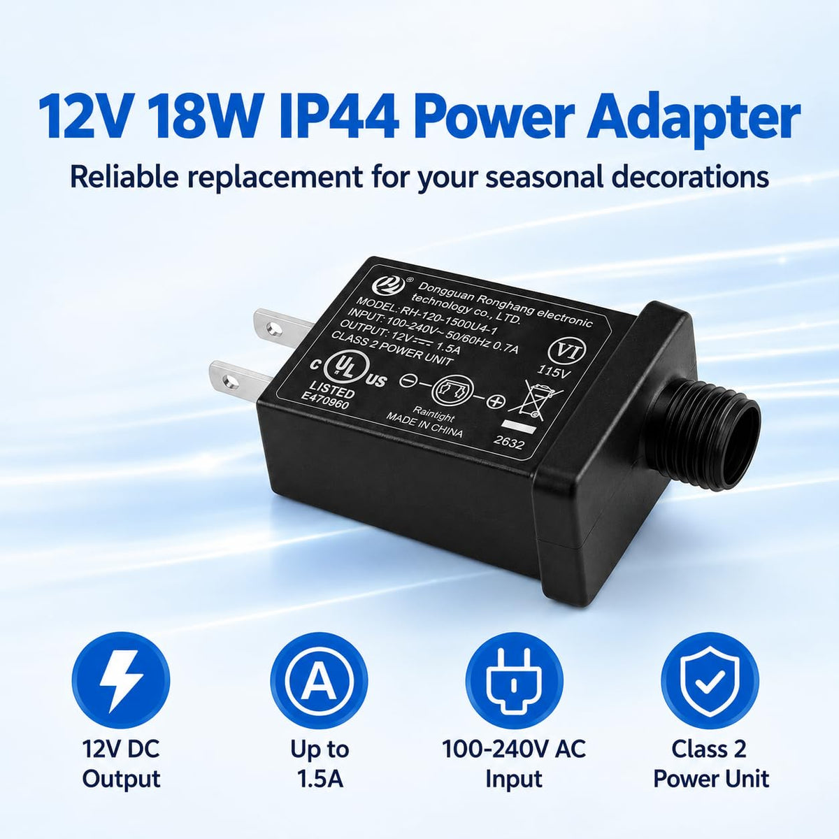 12V 18W Class 2 Power Supply, IP44 Replacement Yard Inflatable Adapter