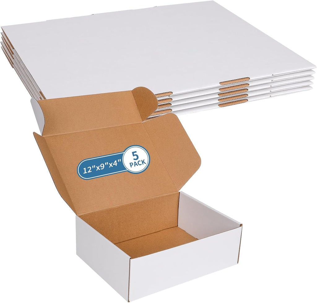 12" x 9" x 4" White Corrugated Cardboard Shipping Boxes Set of 5