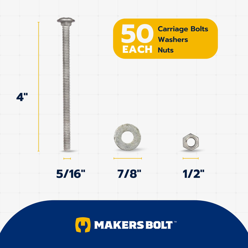 5/16" x 4" (50 Pack) Galvanized Carriage Bolt Kit Grade 307A Includes 5/16" USS Flat Washers (50 pcs) and 5/16"-18