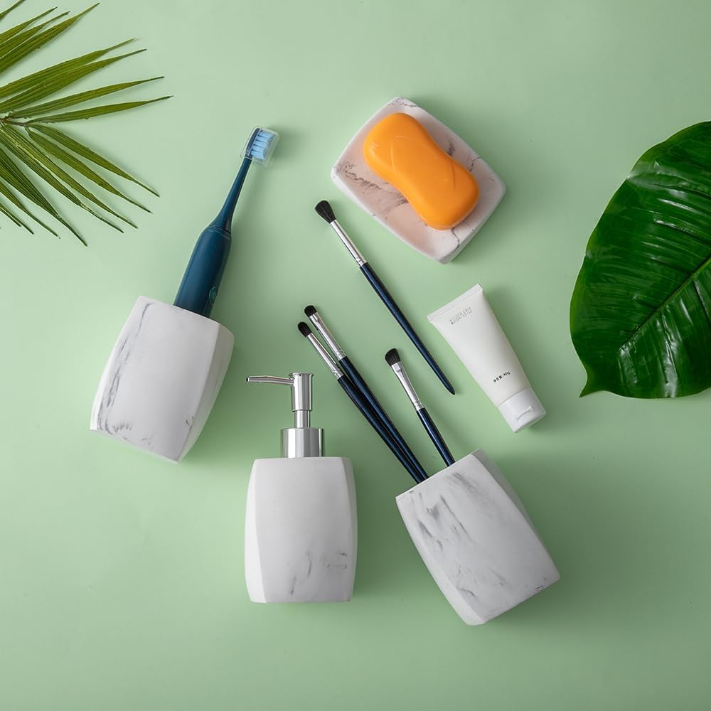 Bathroom Accessory Sets，4 Piece Bathroom Organizer Countertop with Toothbrush Cup,Soap Dispenser,Soap