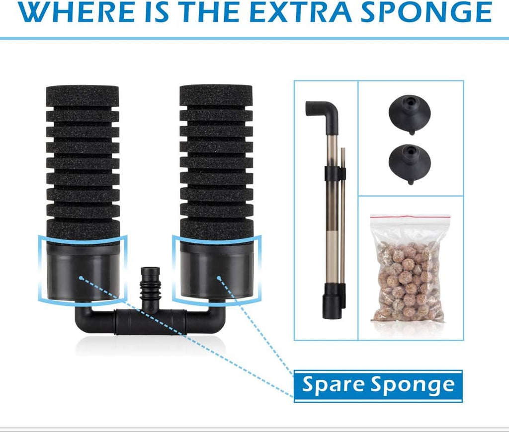 Sponge Filter, Aquarium Filter Double Sponge Replaceable Media with 4 Biochemical Sponges and 1 Bag of Filtered