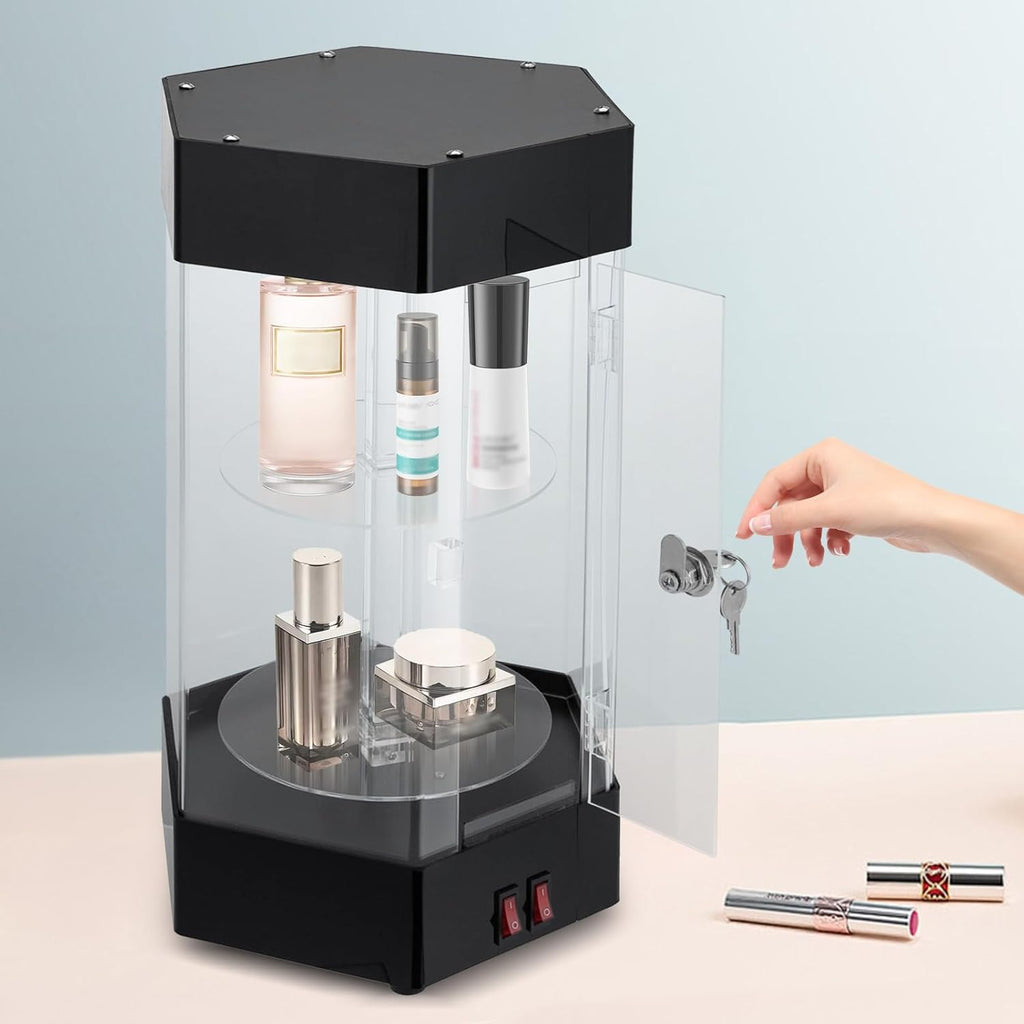 LED Display Case with 360° Rotation, 2-Tier Lockable Acrylic Showcase, Electric Rotating Hexagonal Clear Cabinet for