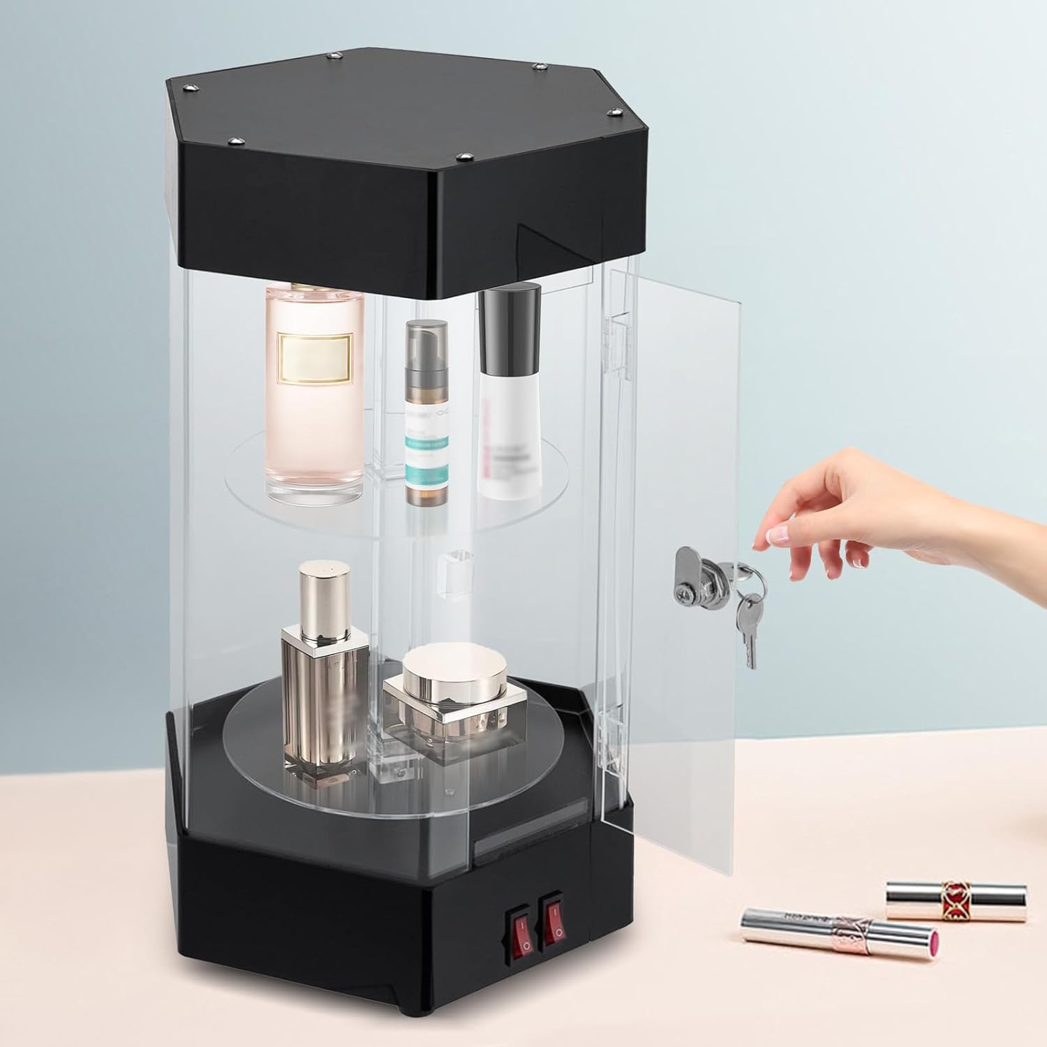 LED Display Case with 360° Rotation, 2-Tier Lockable Acrylic Showcase, Electric Rotating Hexagonal Clear Cabinet for