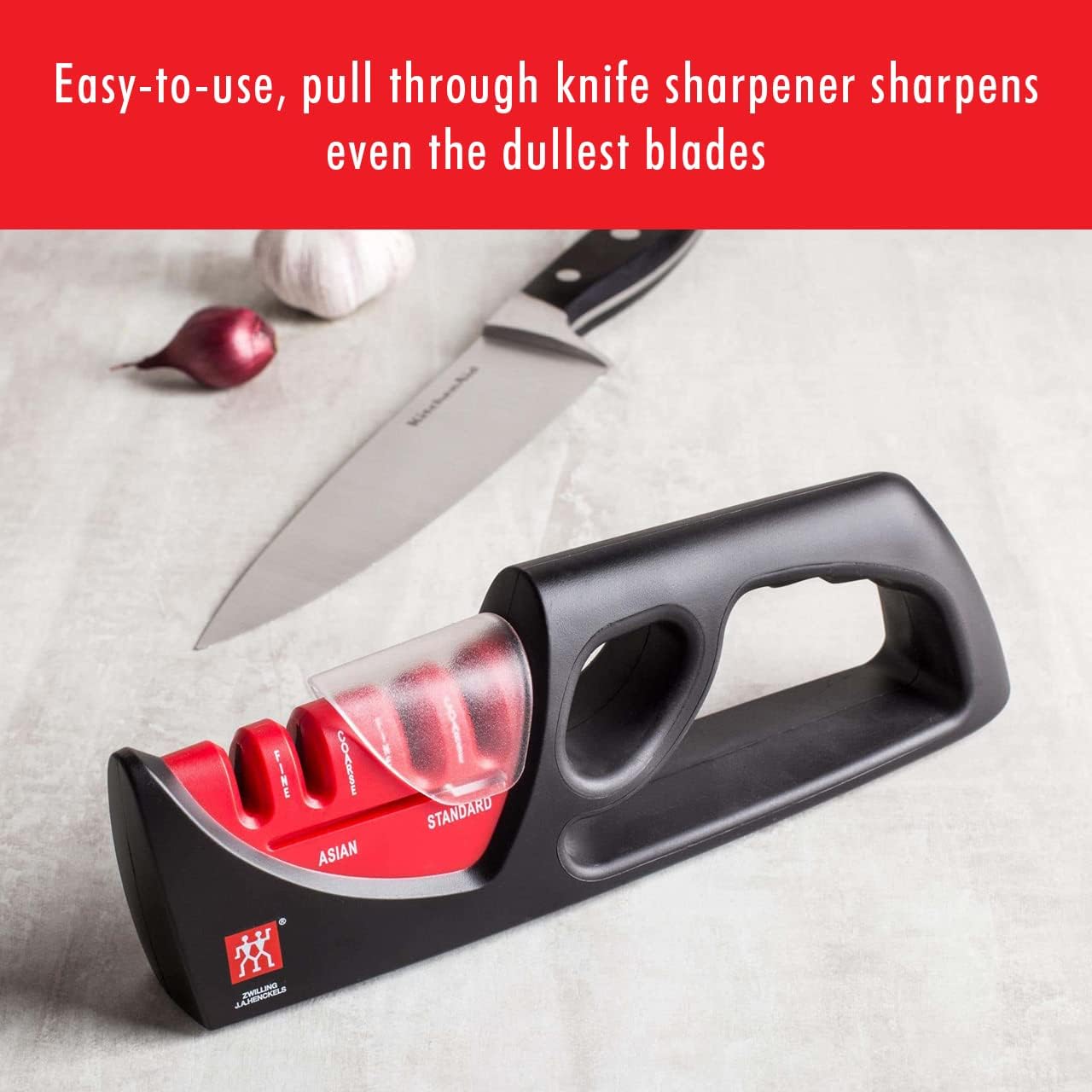 4-Stage Pull Through Knife Sharpener | Manual Kitchen Sharpener with Coarse and Fine Ceramic Rods, Non-Slip Ergonomic