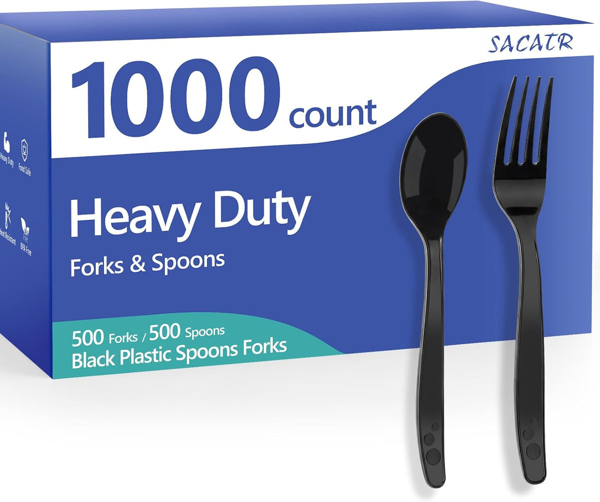 1000 Count Black Plastic Silverware Heavy Duty -Forks, Spoons