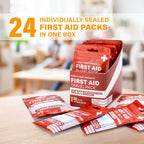 Travel Bandage Pack | 24 Individual Packets, Bulk Portable Mini First Aid Kit with 20 On-the-Go Essentials | Compact