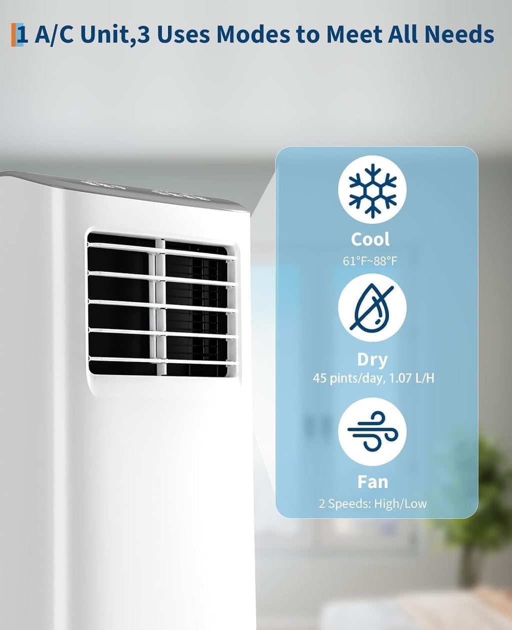 3-in-1 Portable Air Conditioner, 8,000 BTU Portable AC Unit with Cooling, Dehumidifier & Fan for Rooms up to 350