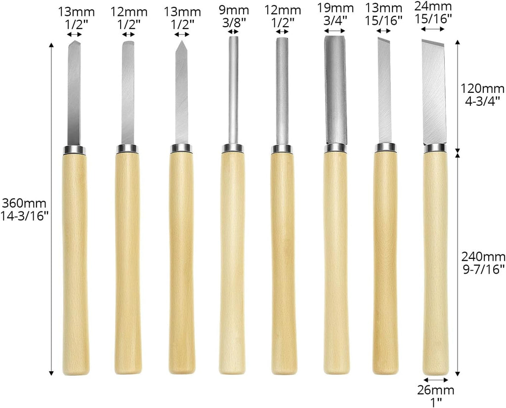 Wood Turning Chisel Set, 8 Pcs Lathe Chisel Set with Triple Tempered Chromium-Vanadium Steel for Woodworking and
