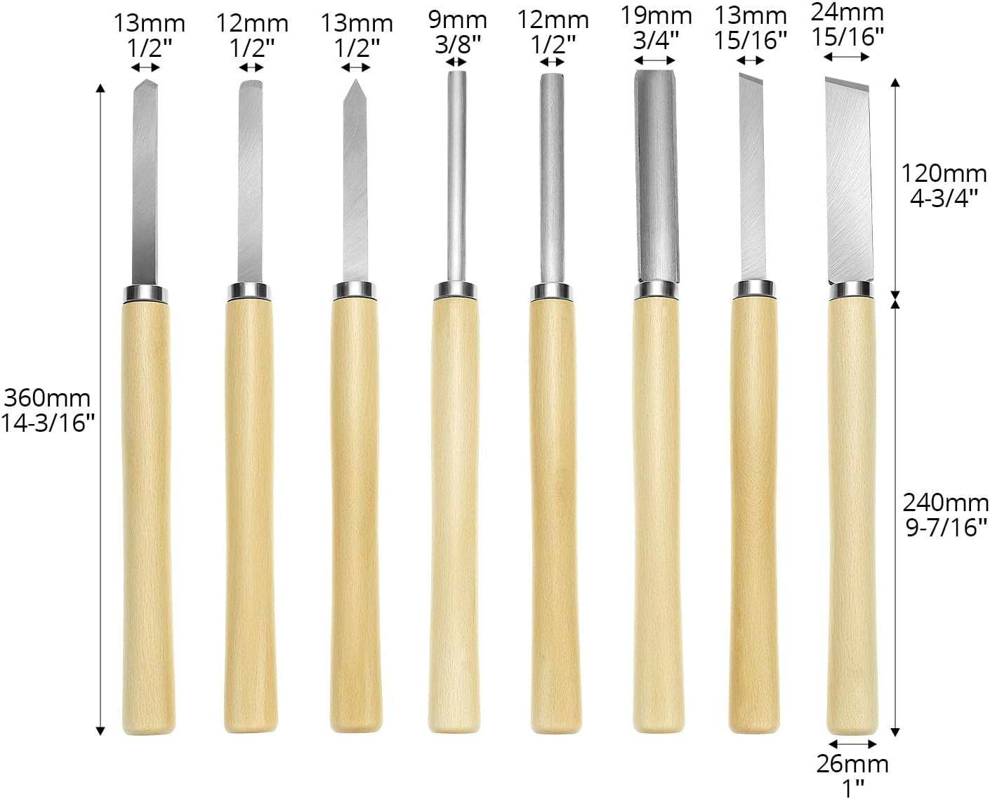 Wood Turning Chisel Set, 8 Pcs Lathe Chisel Set with Triple Tempered Chromium-Vanadium Steel for Woodworking and