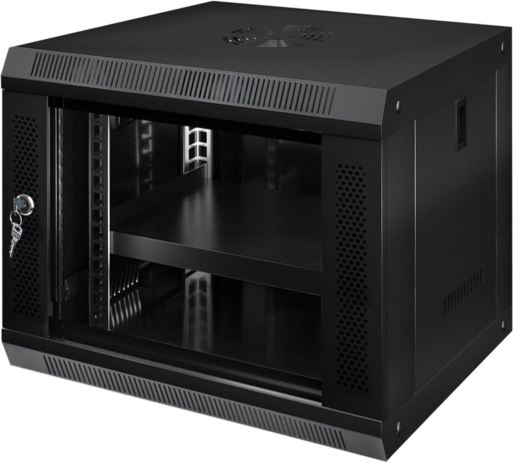 9U Wall Mount Server Cabinet IT Network Rack Enclosure Lockable Glass Door Black