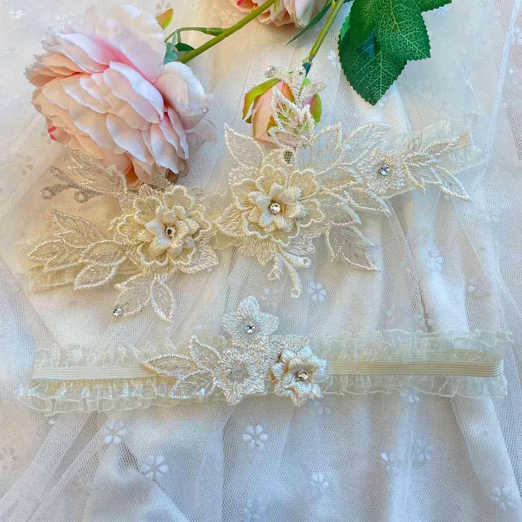 Wedding Garter Set for Bride Lace Flower Appliques Bridal Leg Garter Toss Tulle Set 2 Pieces