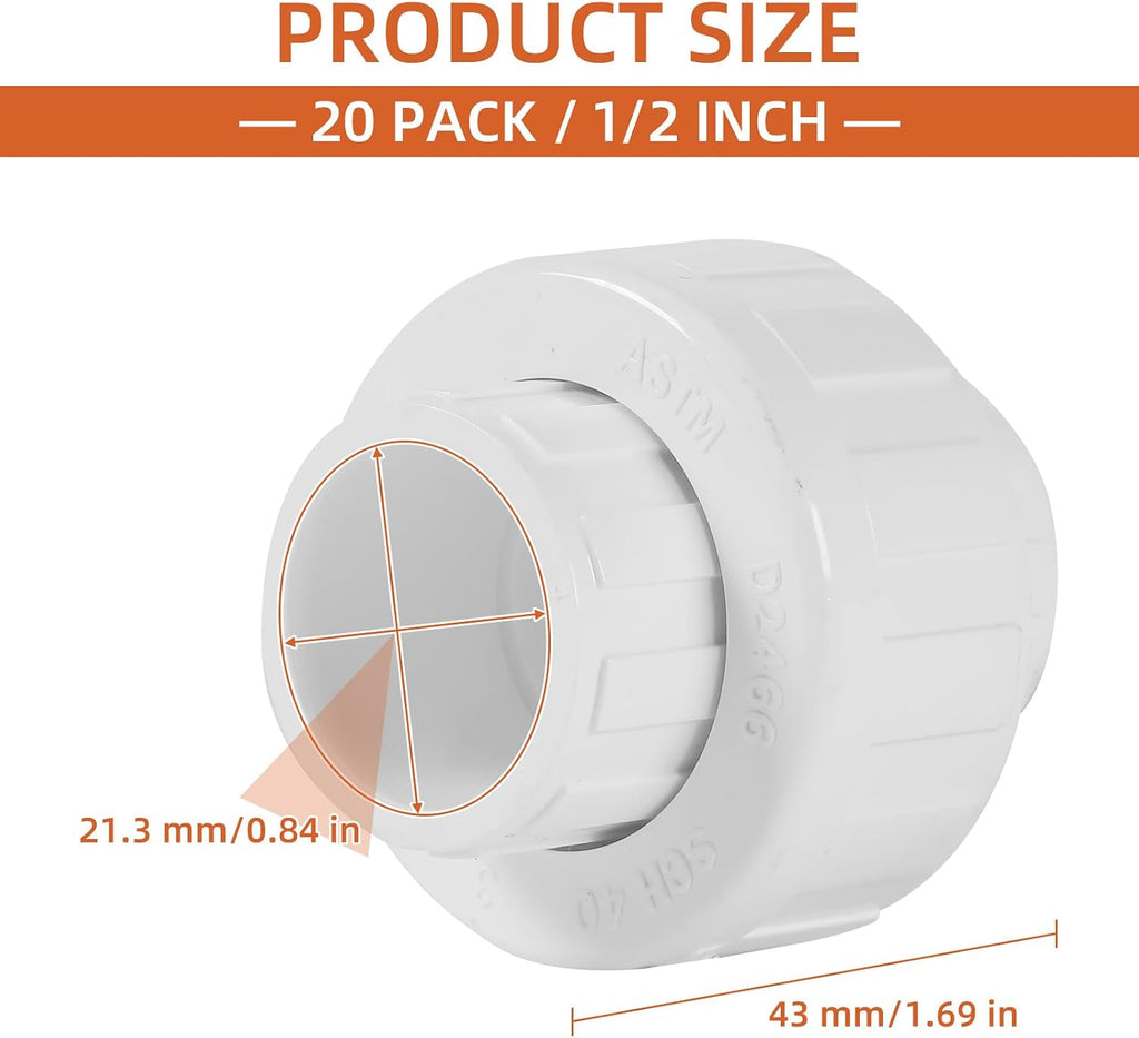 20 Pack 1/2'' PVC Union Coupling Pipe Fitting (Socket x Socket) 1/2 Inch PVC Slip Union Coupling Adapter Schedule 40, EPDM O-Ring Adapter