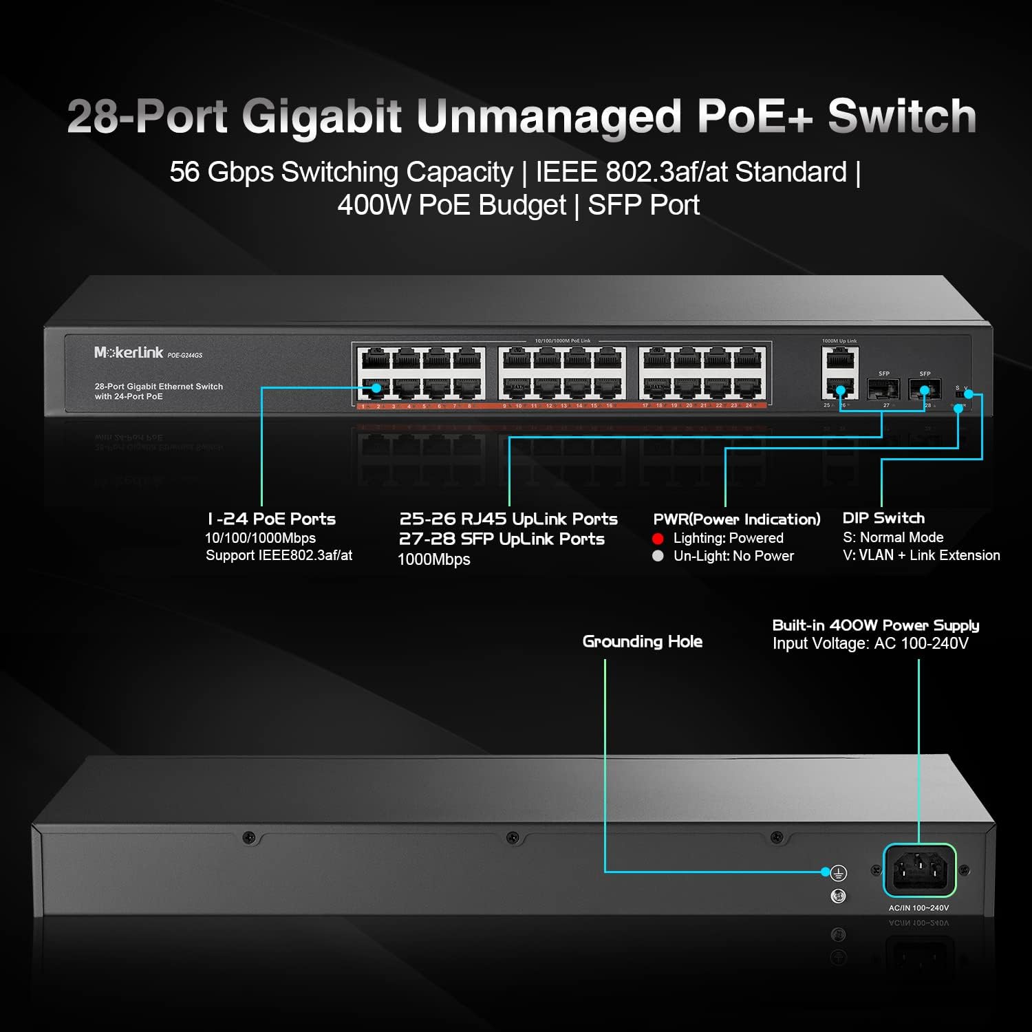 24 Port Gigabit PoE Switch, 2 Gigabit Ethernet Uplink, 2 Gigabit SFP, 400W IEEE802.3af/at, Rackmount Unmanaged Plug