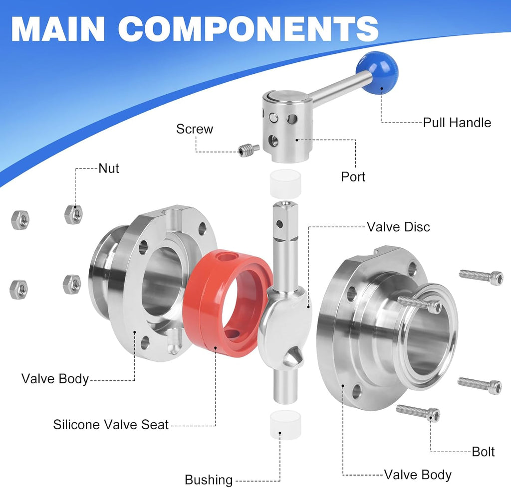 Butterfly Valve 1" Tri Clamp Sanitary Stainless Steel 304 Pull Handle Butterfly Valve Tri Clamp Ferrule Flange 50.5mm with Silicone Gasket