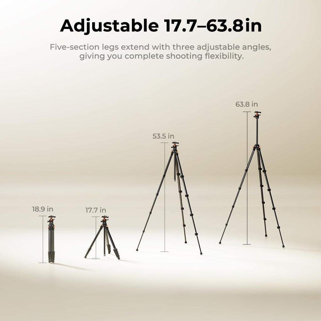 63" Aluminum Travel Tripod for Camera/Phone | 2.6lb Compact with Arca Ball Head, 22lb Max Load Heavy Duty for