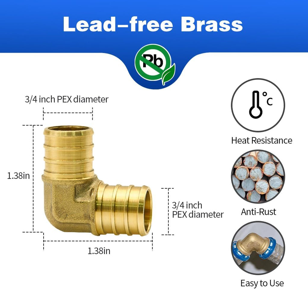 25 Pack 3/4" PEX Fittings, PEX Elbow Fittings, Brass PEX Fittings