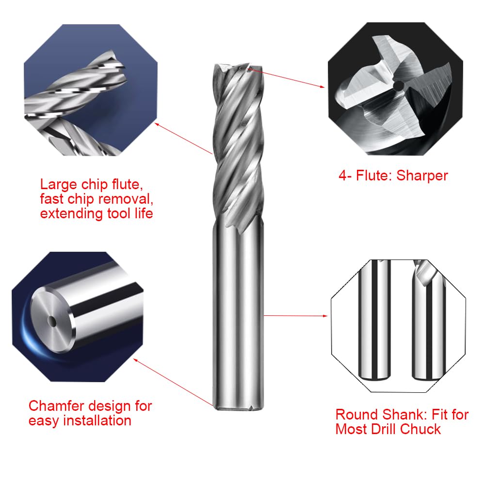 10Pcs 4-Flute End Mill Set, Metric CNC Milling Cutter Drill Bits Set 2-12mm