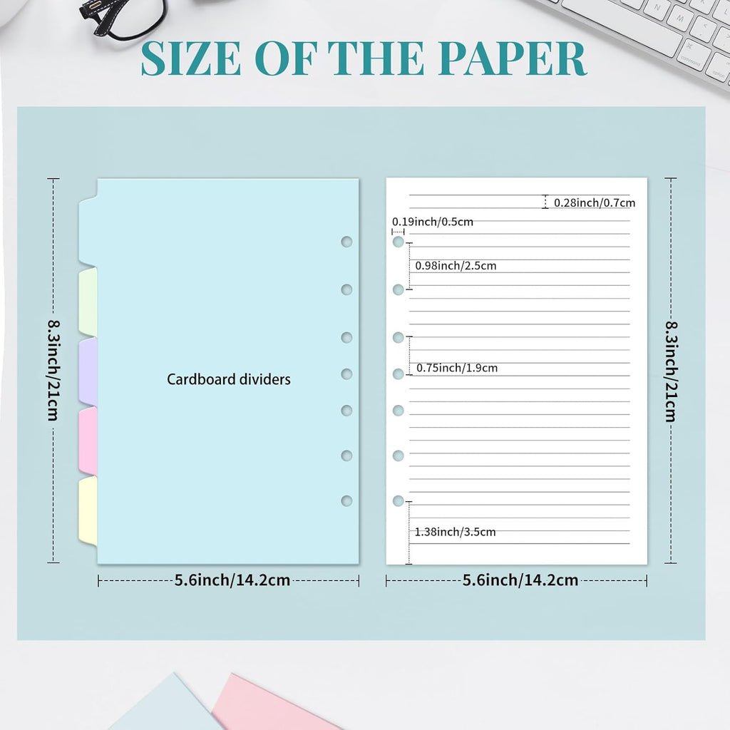 A5 Refill Paper, 7-Hole Planner Inserts for A5 Binder Budget Planner Journals Notebook, Loose Leaf Lined Paper with