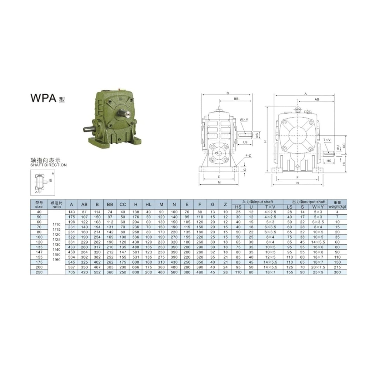 Worm Gear Reducer WPA40, Speed Ratio 1:10 to 60