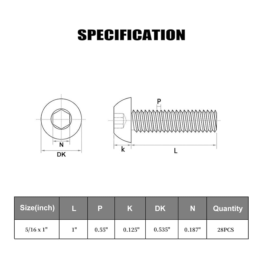 VGBUY 28Pcs 5/16-18 x 1" Button Head Socket Cap Bolts Screws, 304 Stainless Steel 18-8, Allen Hex Drive, Bright Finish, Fully Threaded, Hex Spanner Included