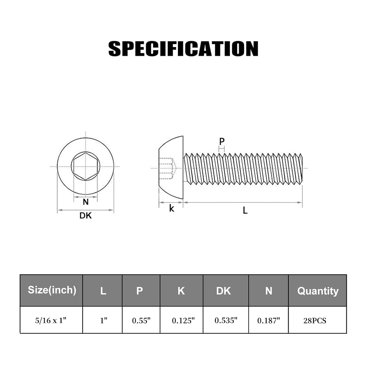 VGBUY 28Pcs 5/16-18 x 1" Button Head Socket Cap Bolts Screws, 304 Stainless Steel 18-8, Allen Hex Drive, Bright Finish, Fully Threaded, Hex Spanner Included