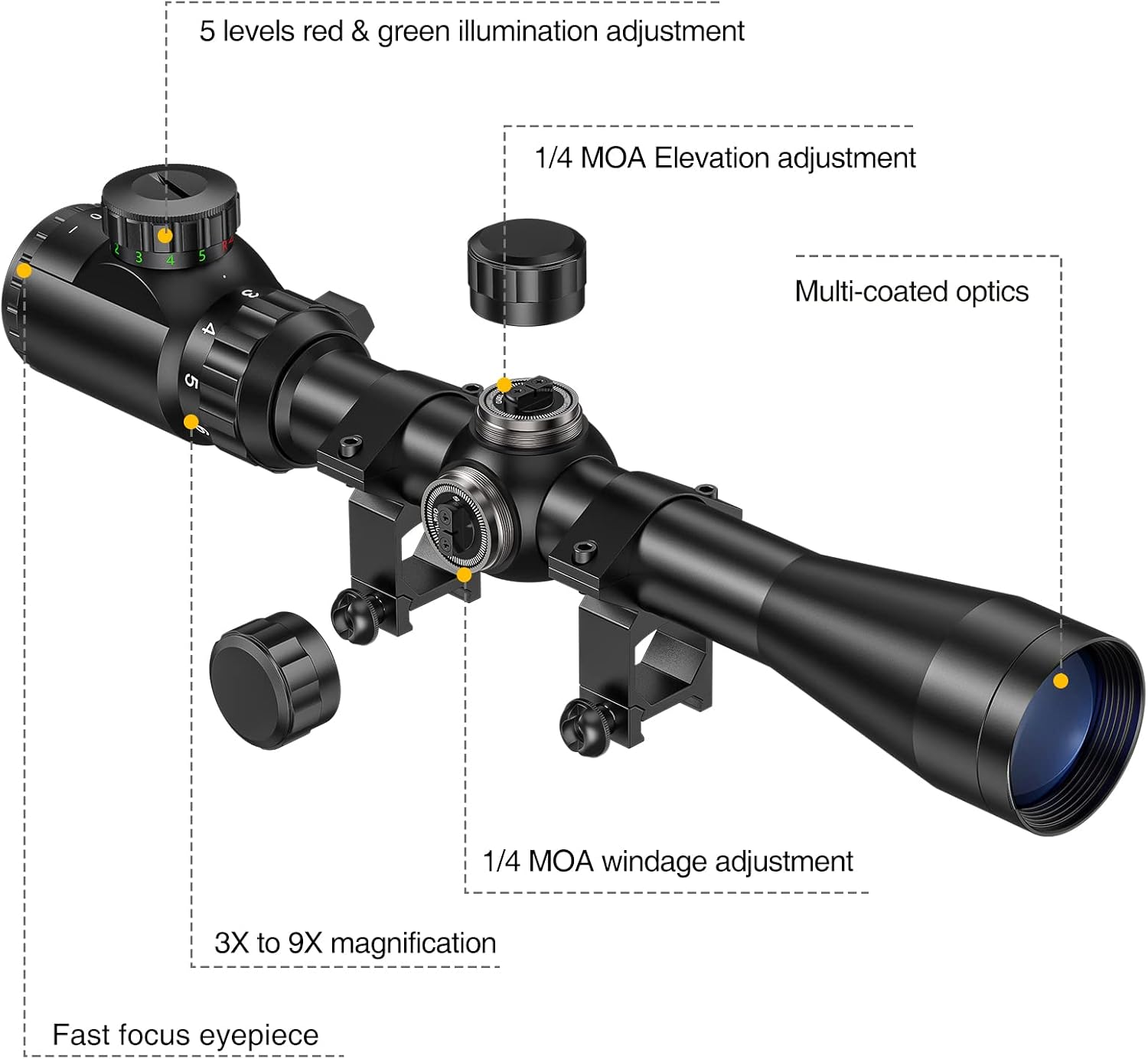 3-9x40 Rifle Scope, Red & Green Illuminated Optical Riflescope, 1 inch Tube Scope for Hunting with Mounts