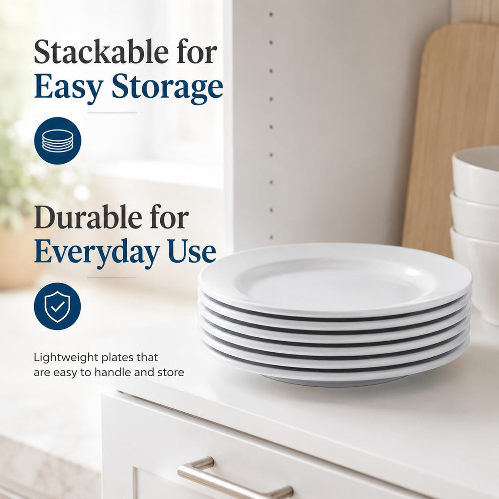 8.5" Melamine Round Dinner Plates, 6-Piece Plate Sets, White