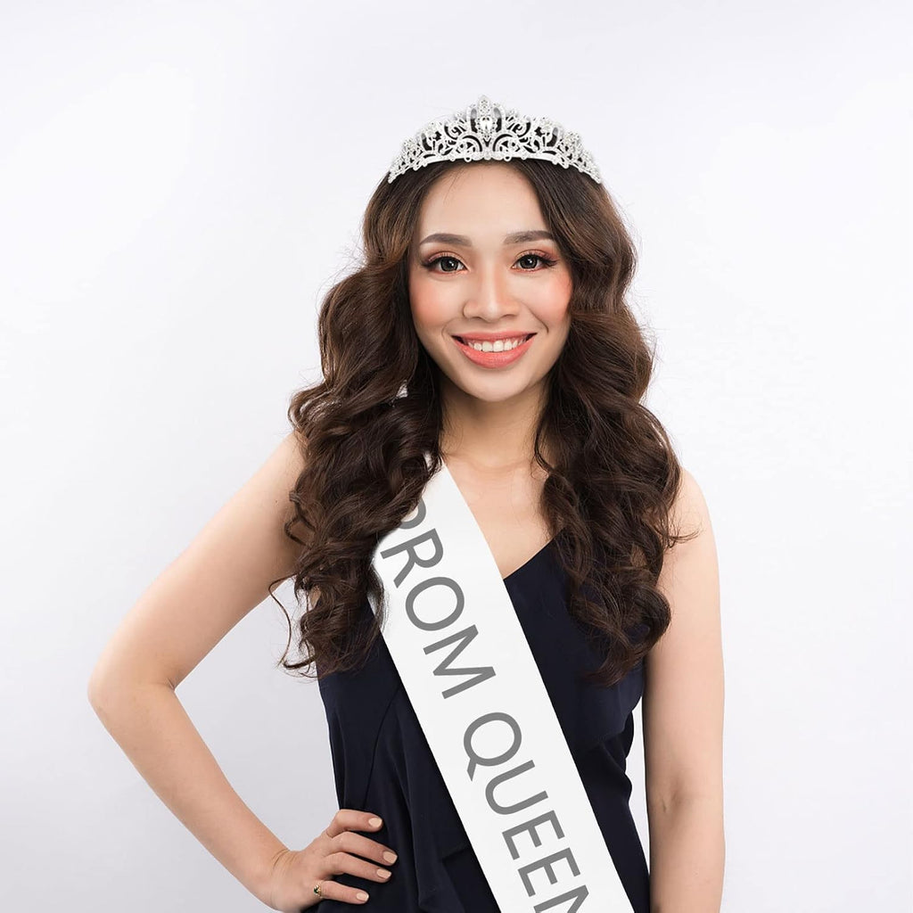 Crown and Sash, White Satin Sash with Crystal Crown, Customizable for Weddings, Birthdays, Proms, and More