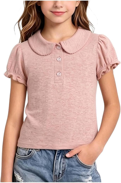 Girls Pure Cotton Polos Puff Sleeve Cute Peter Pan Collar Shirt | Back to School Clothes for Teen Girls Kids Short