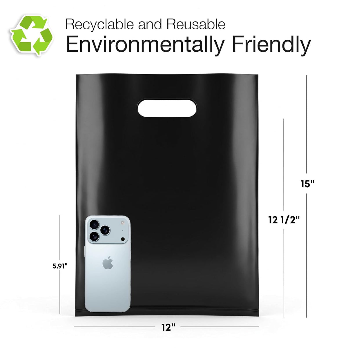 100 Black Plastic Bags With Handles 12x15 Merchandise Bags
