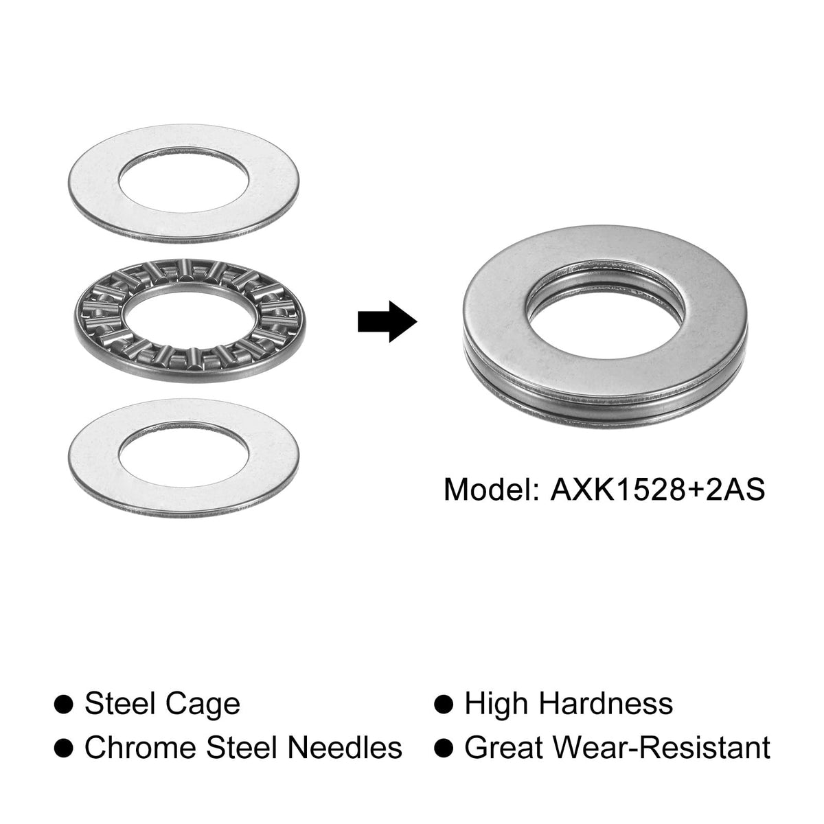 uxcell AXK1528 Thrust Needle Roller Bearings with Washers 15mm Bore 28mm OD 2mm Width 10pcs