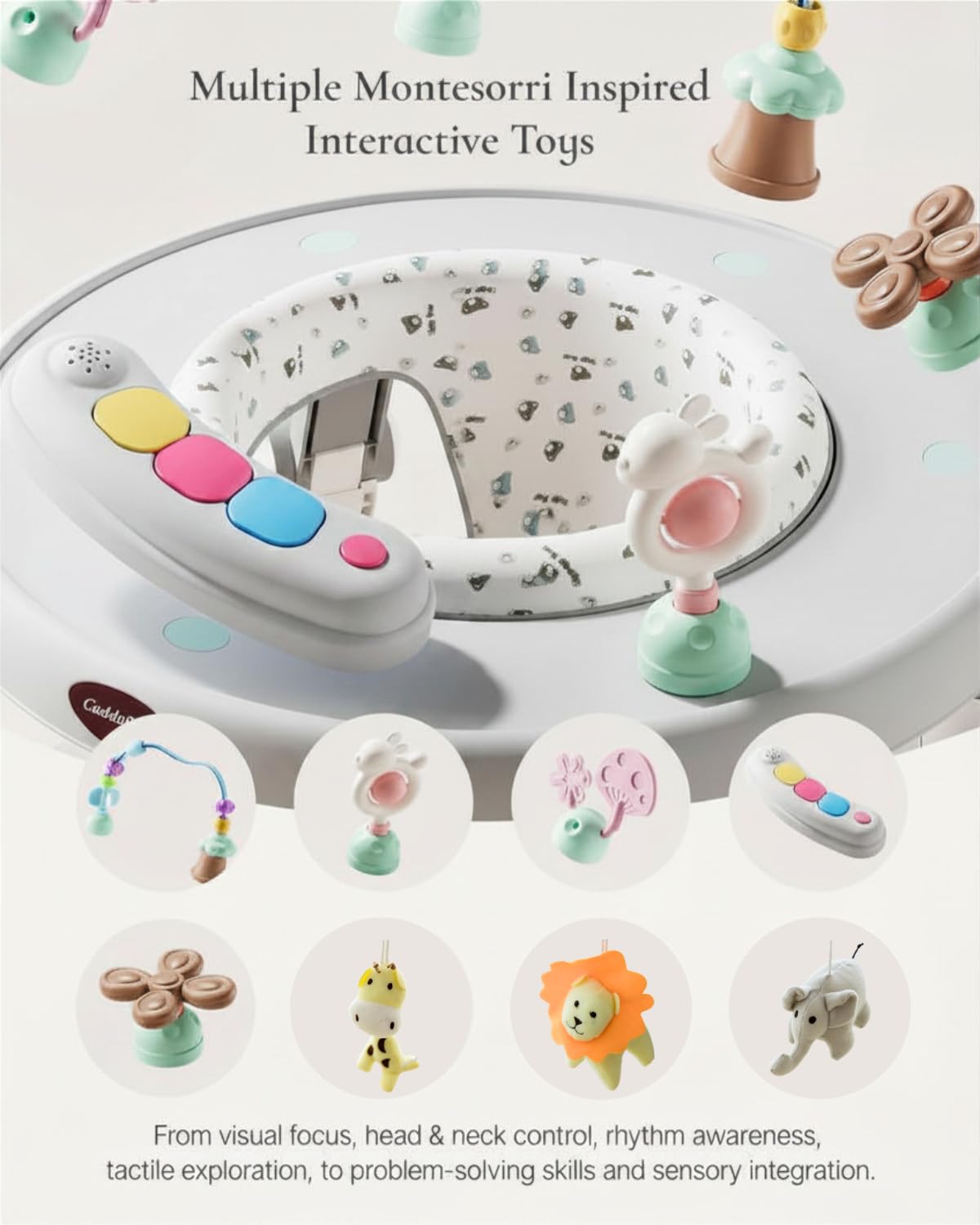 CuddoBaby Baby Jumper 4-Stage Convertible| Montessori -Inspired 8 Interactive Toys| Tummy Time Playmat, Bouncer