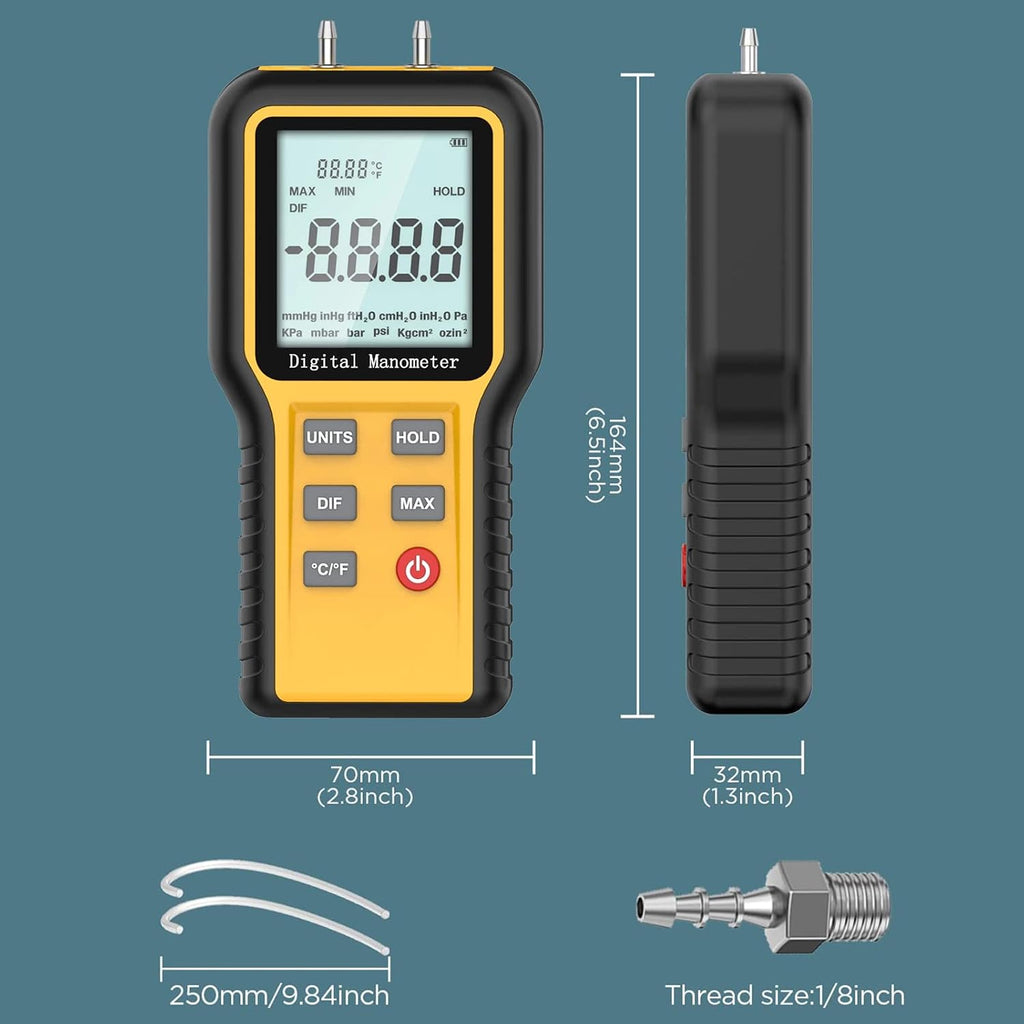 Manometer HVAC Gas Pressure Tester, Dual-Port Digital Monometer