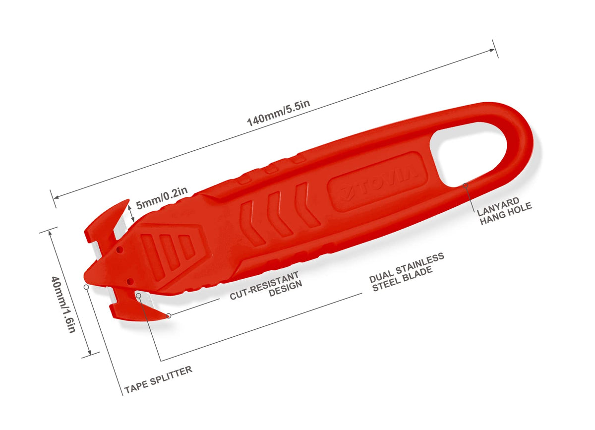 Safety Box Cutter Knife, Recessed SS Blade, 10-Pack, Red