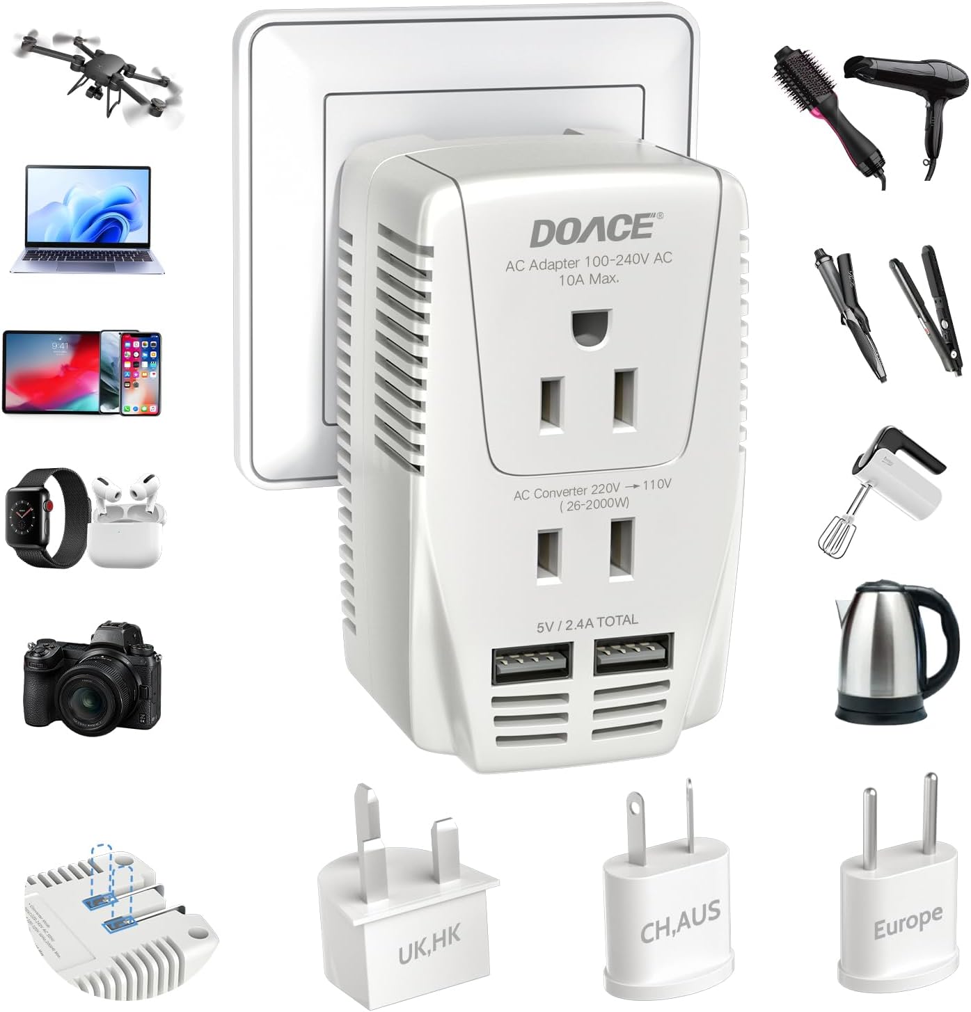Upgraded 2000W 220V to 110V Converter for European Travel, Voltage Converter US to Europe for Hair Dryer Straightener