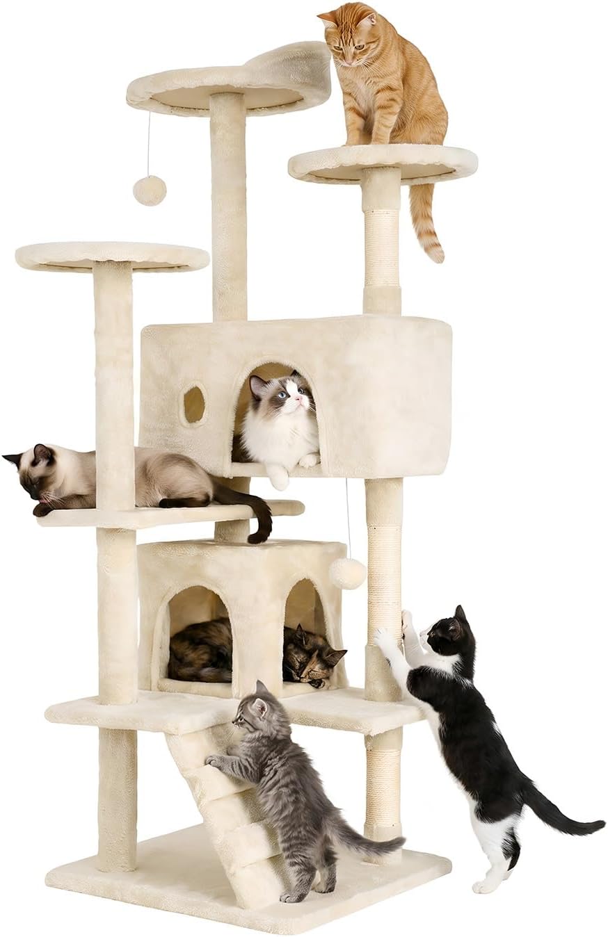 54" Cat Tree Tower | Beige | Multi-Level Indoor Activity Center with Sisal Scratching Posts, Condos, Plush Perches