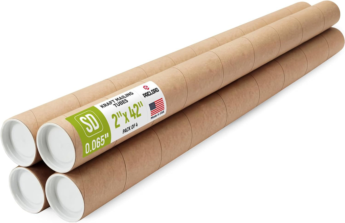 2" x 42" Made in USA Kraft Paper Mailing Tube, 4 Tubes, 8 Caps