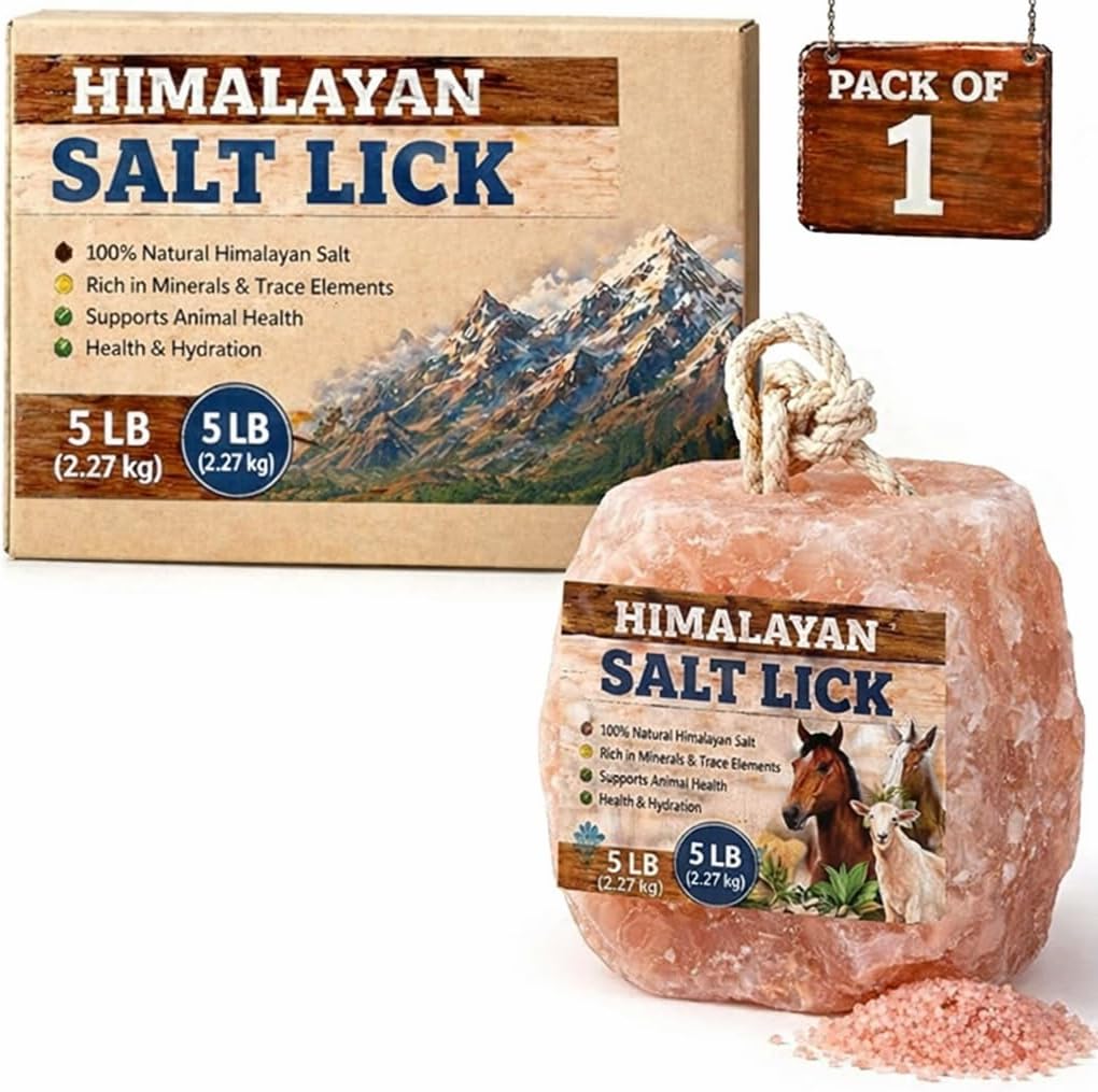 Himalayan Salt Block 1 Pack - 6 lbs Each. Himalayan Salt Lick on Rope for Horse, Deer, Goat, and Livestock Animals