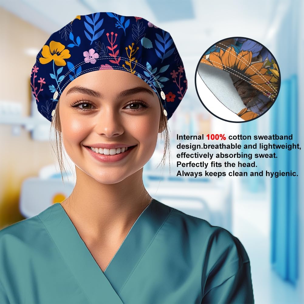 Bouffant Scrub Caps Cotton Nurse Scrub Hats with Button Sweatband Adjustable Surgical Caps for Unisex Cooking