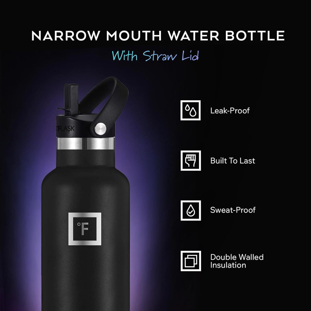 24 oz Narrow Mouth Water Bottle with Straw | Insulated Stainless Steel Sports Water Bottle with Leakproof Straw Lid