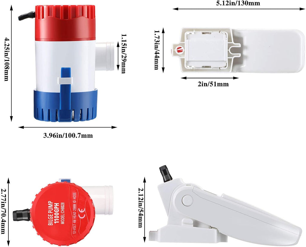 Boat Bilge Water Pump12V 1100 GPH with Float Switch for Boats, 2 Pieces