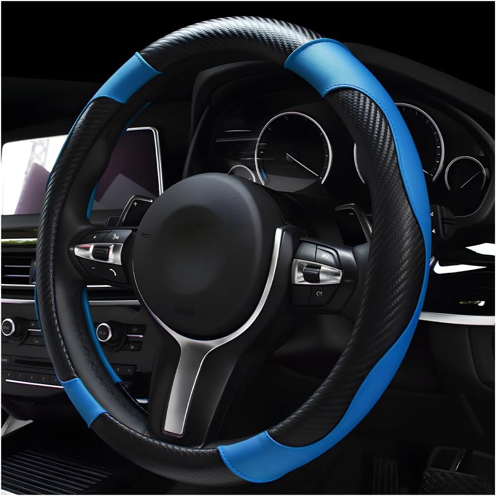 Car Steering Wheel Cover, 15 Inch Carbon Fiber Leather Stitching Color Steering Wheel Protector, Anti-Slip Elastic