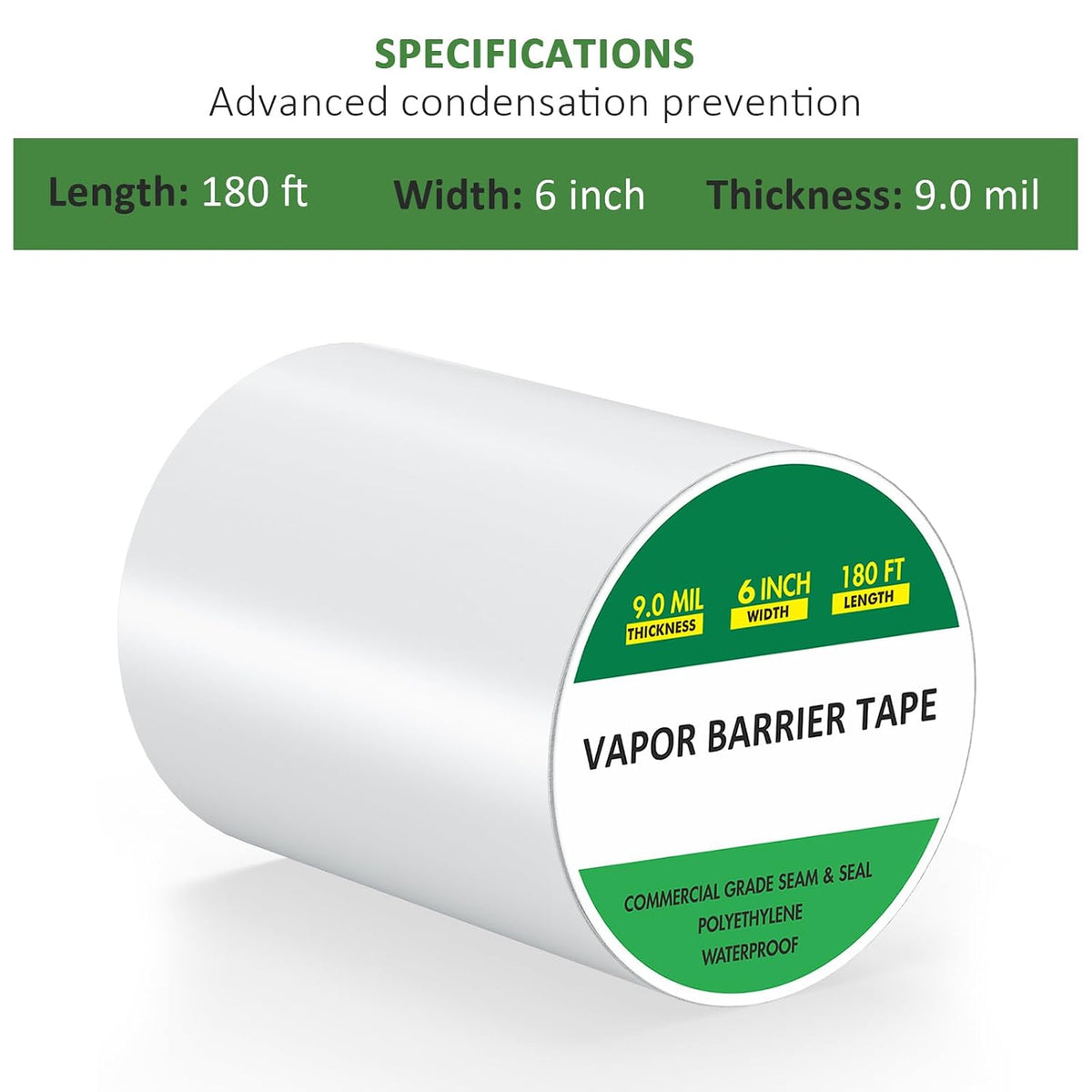 Vapor Barrier Tape 6" x 180', 9Mil White Polyethylene Wide Seam