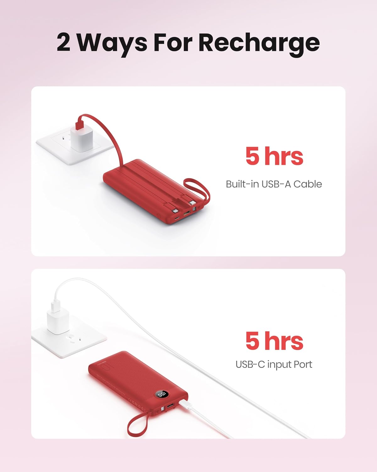 Portable Charger Power Bank, External Battery Pack with Cords Wires, Light 10000mAh Travel Essentials Battery Bank 5