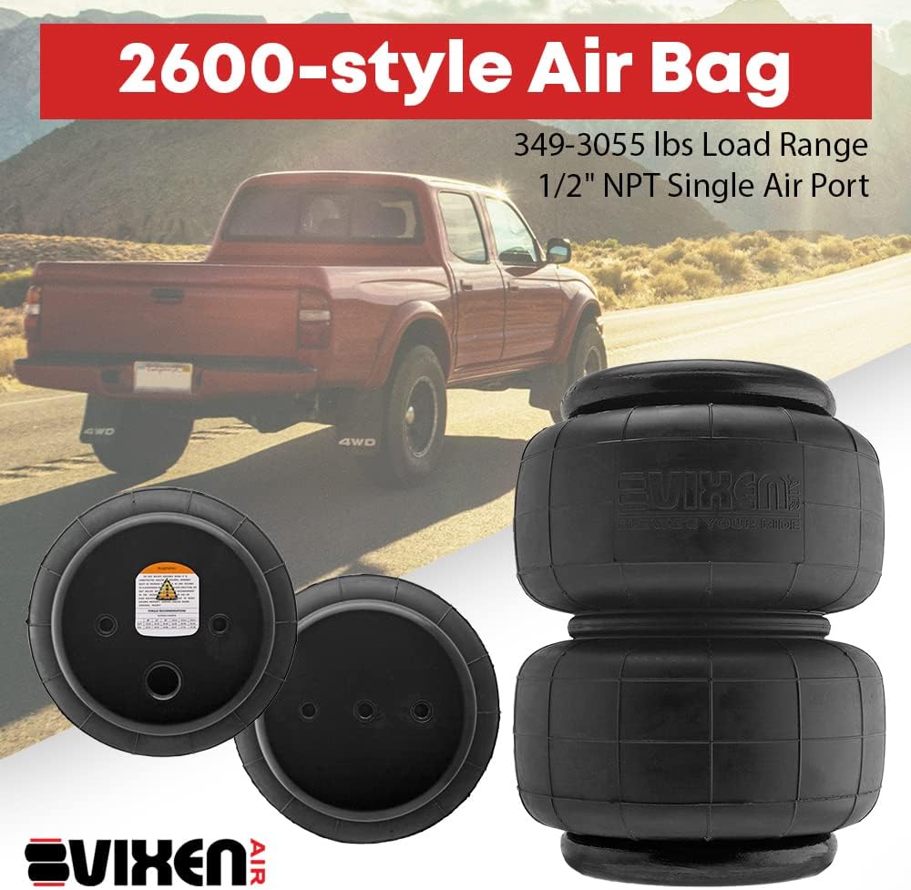 Vixen Air 2600-Style Suspension Air Bags, 1/2" NPT Single Port, 2-Pack Universal Heavy-Duty Double Bellow Air Springs | 3055 lb Load Capacity for Heavy Load Leveling, Towing, Hauling, VXD2600DP