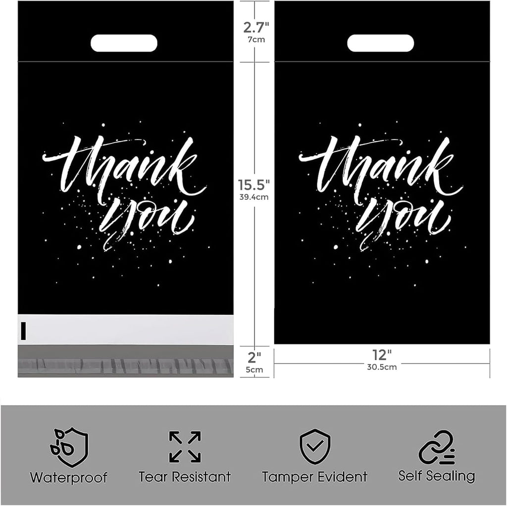Thank You Poly Mailers with Handle 12x15.5 100 Pcs Easy to Carry | Upgrade Design Shipping Bags Envelopes for Clothes