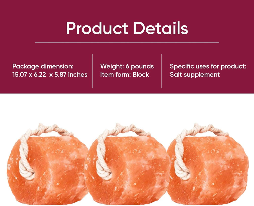 Himalayan Pink Salt Lick Pack of 3 (6lbs Each Block)- Mineral Salt Block on Rope 100% Organic Pink Salt Block for