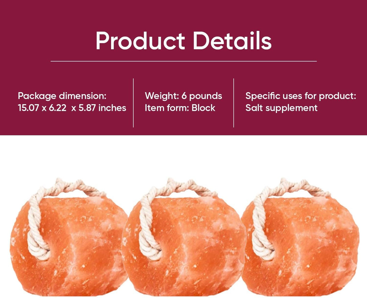 Himalayan Pink Salt Lick Pack of 3 (6lbs Each Block)- Mineral Salt Block on Rope 100% Organic Pink Salt Block for