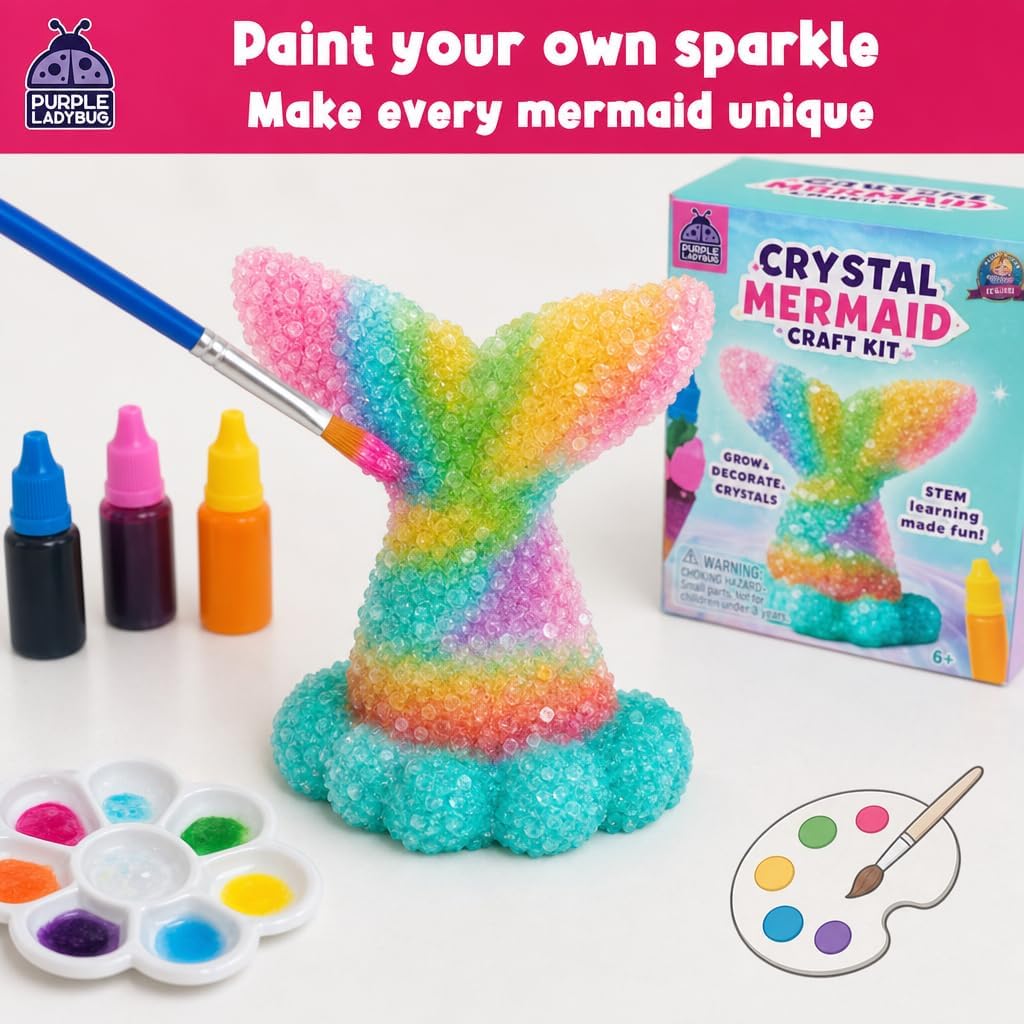 Crystal Growing Kit for Kids Ages 6-8, Mermaid STEM Science Craft Toy | Grow and Paint Mermaid Tail, Science