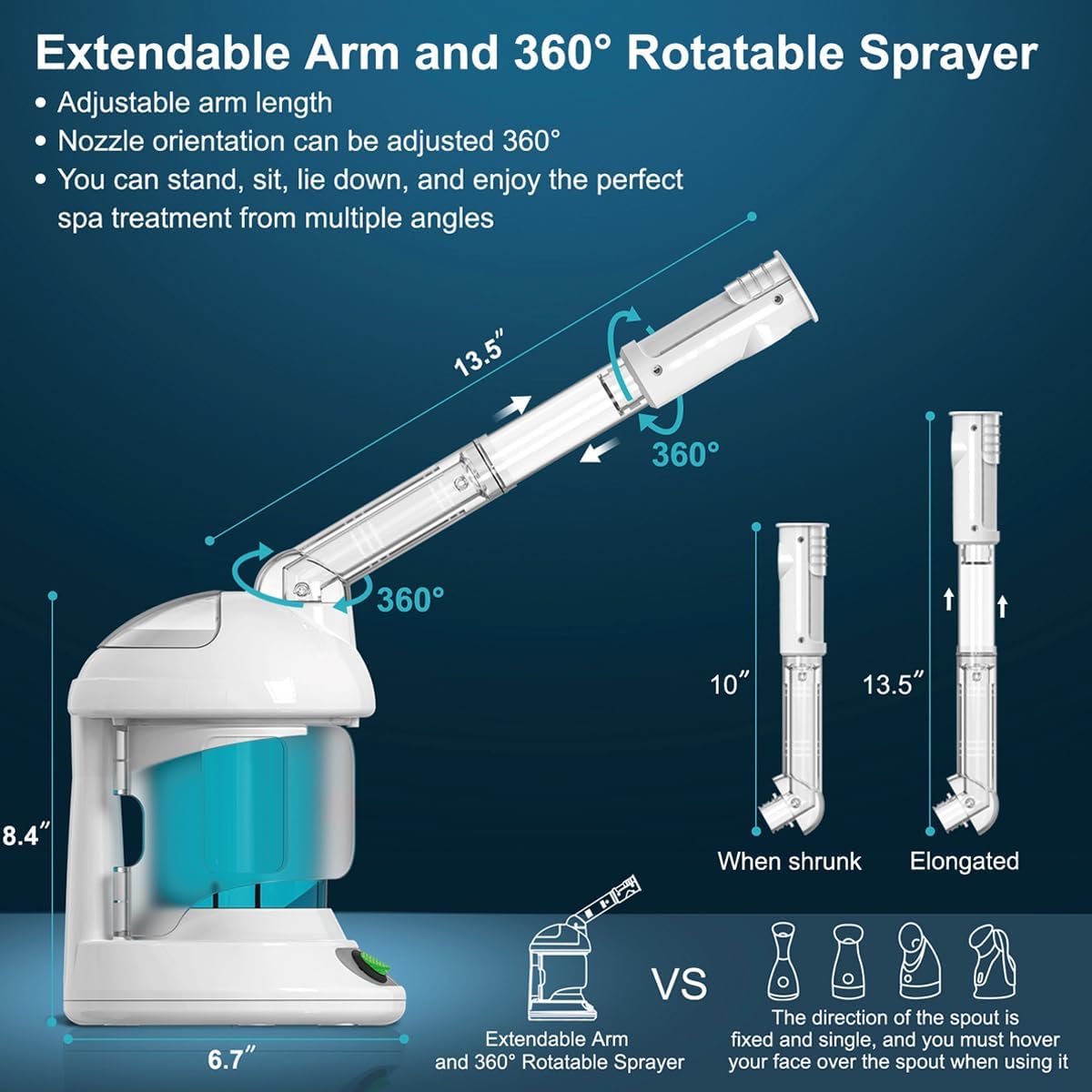 Facial Steamer with Ozone Extendable 360° Arm - for Home or Salon | Deep Hydration, Skin Refresh, Adjustable Mist